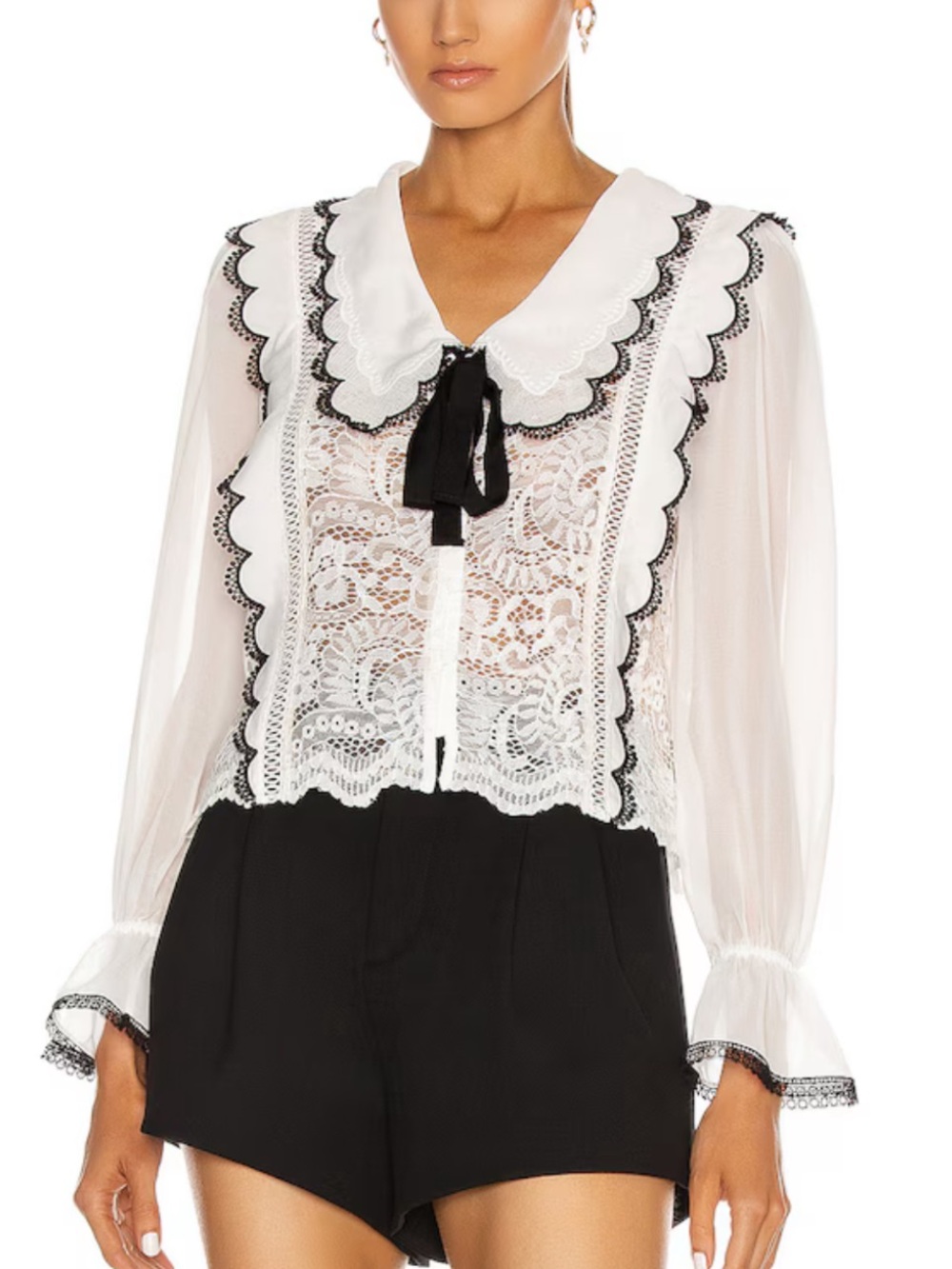 NWT White XS Long Sleeve Cord Lace Collar Bow Blouse Shirt Top